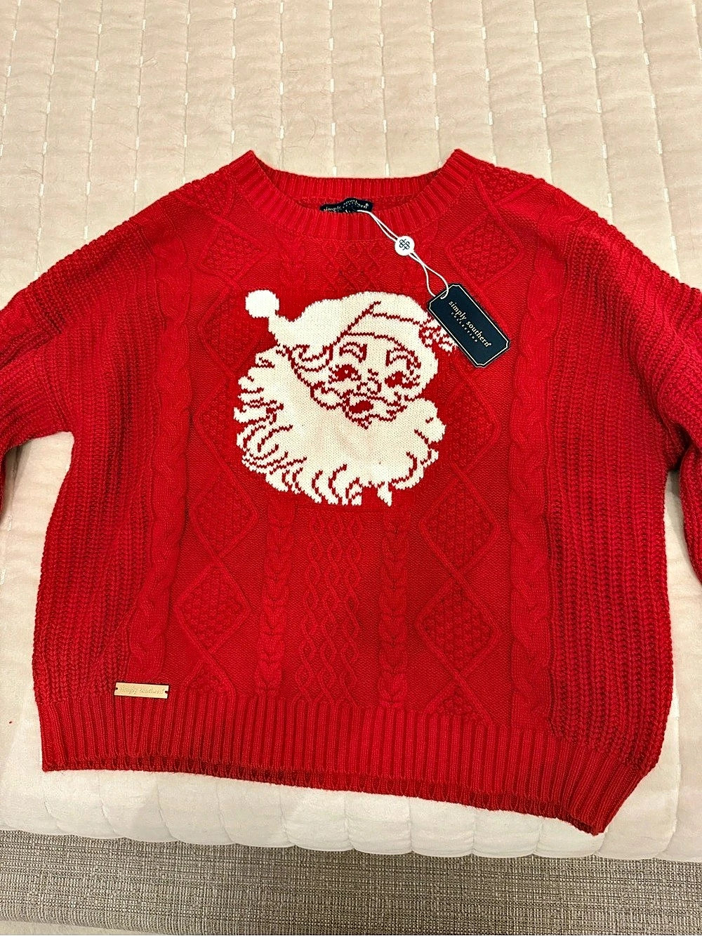 Simply Southern Santa Cable Knit Sweater Red & White Large